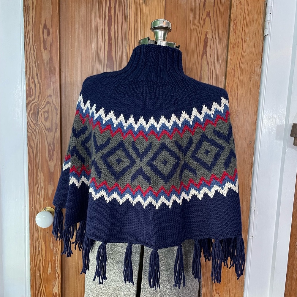Vintage Wool Blend Argyle Poncho Wool Blend Boho Western Fringe - One Size - Picture 6 of 9